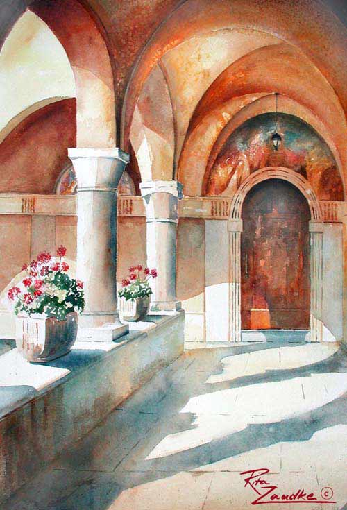 Frassino Monastery by Lake Garda - Watercolor of Peschiera, Italy