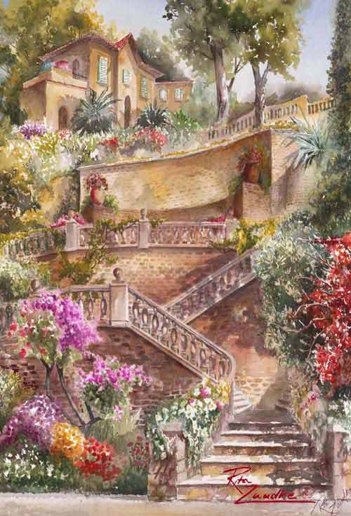 Lago di Bracciamo Stairway - Watercolor of Lago di Bracciamo, Italy