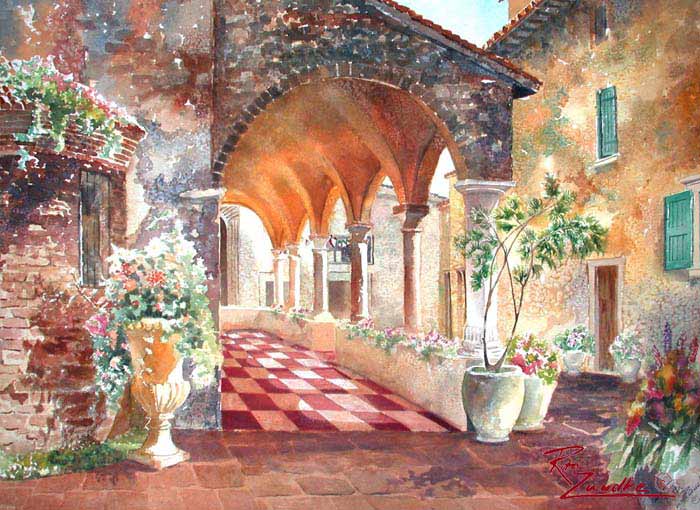 Santa Maria Maggiore della Neve Courtyard - Watercolor - Sirmione, Italy