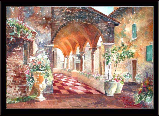 Santa Maria Maggiore della Neve Courtyard - Watercolor - Sirmione, Italy