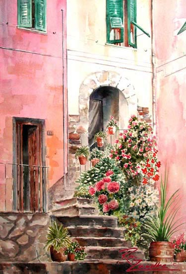 Vernazza Door Flowers - Watercolor Painting of Vernazza, Italy