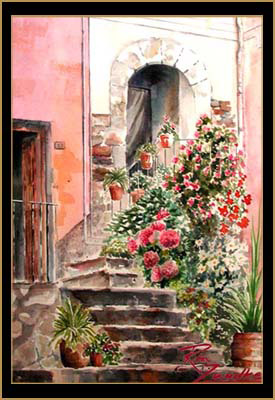 Vernazza Door Flowers - Watercolor Painting of Vernazza, Italy